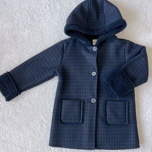 Búho Kids Check Wool Sherpa Hooded Parka Coat - blue/black - size 8Y